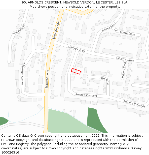 90, ARNOLDS CRESCENT, NEWBOLD VERDON, LEICESTER, LE9 9LA: Location map and indicative extent of plot