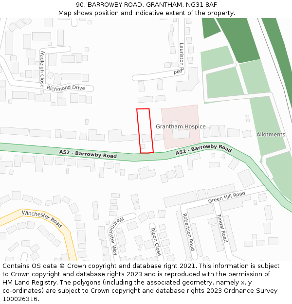 90, BARROWBY ROAD, GRANTHAM, NG31 8AF: Location map and indicative extent of plot