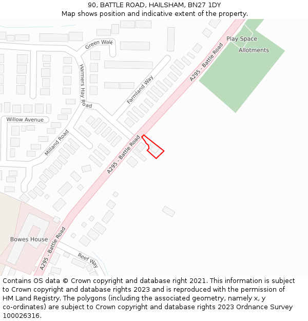 90, BATTLE ROAD, HAILSHAM, BN27 1DY: Location map and indicative extent of plot