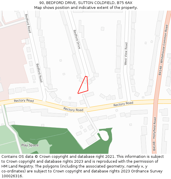 90, BEDFORD DRIVE, SUTTON COLDFIELD, B75 6AX: Location map and indicative extent of plot