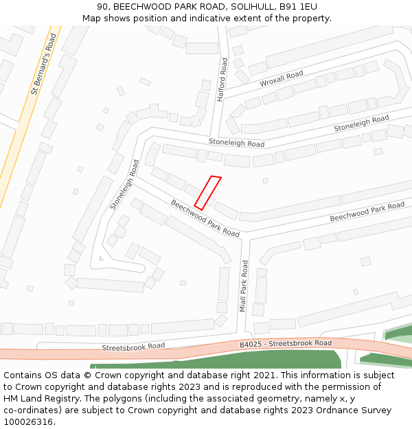 90, BEECHWOOD PARK ROAD, SOLIHULL, B91 1EU: Location map and indicative extent of plot
