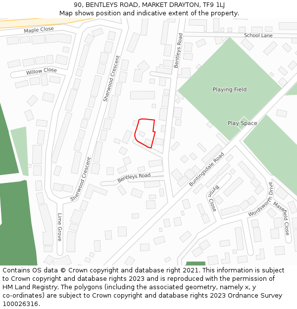 90, BENTLEYS ROAD, MARKET DRAYTON, TF9 1LJ: Location map and indicative extent of plot