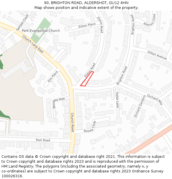 90, BRIGHTON ROAD, ALDERSHOT, GU12 4HN: Location map and indicative extent of plot