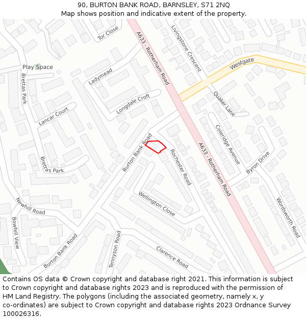 90, BURTON BANK ROAD, BARNSLEY, S71 2NQ: Location map and indicative extent of plot
