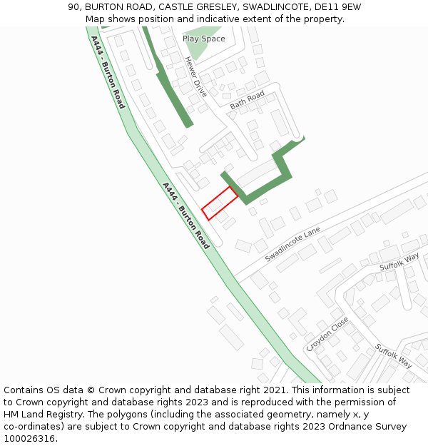 90, BURTON ROAD, CASTLE GRESLEY, SWADLINCOTE, DE11 9EW: Location map and indicative extent of plot