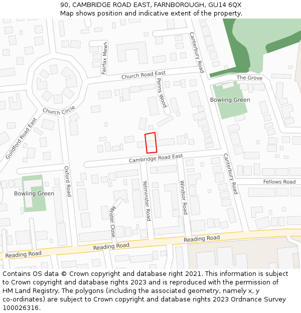 90, CAMBRIDGE ROAD EAST, FARNBOROUGH, GU14 6QX: Location map and indicative extent of plot