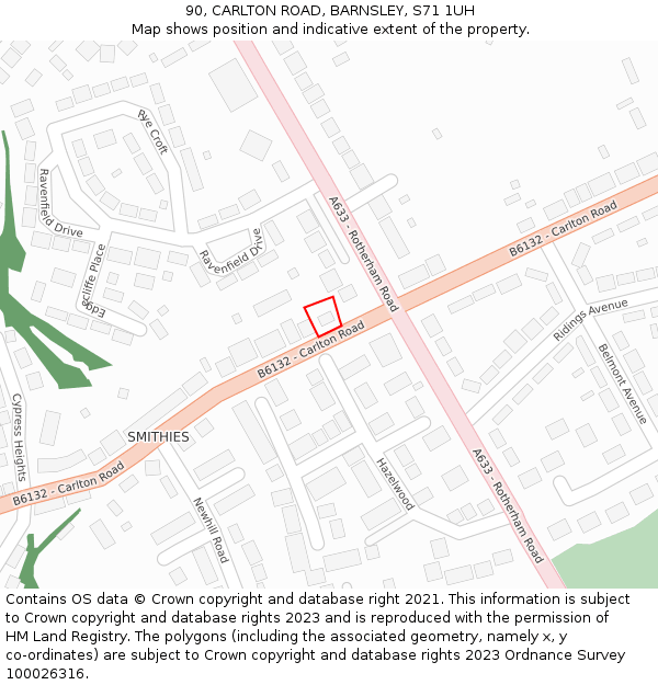 90, CARLTON ROAD, BARNSLEY, S71 1UH: Location map and indicative extent of plot