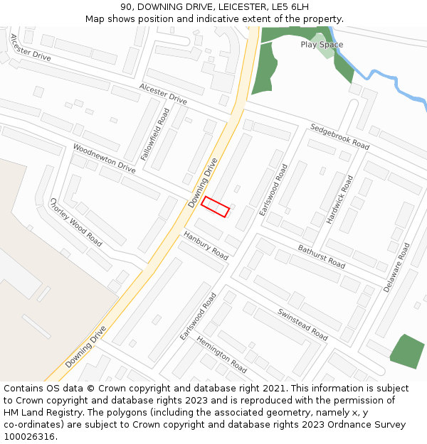 90, DOWNING DRIVE, LEICESTER, LE5 6LH: Location map and indicative extent of plot