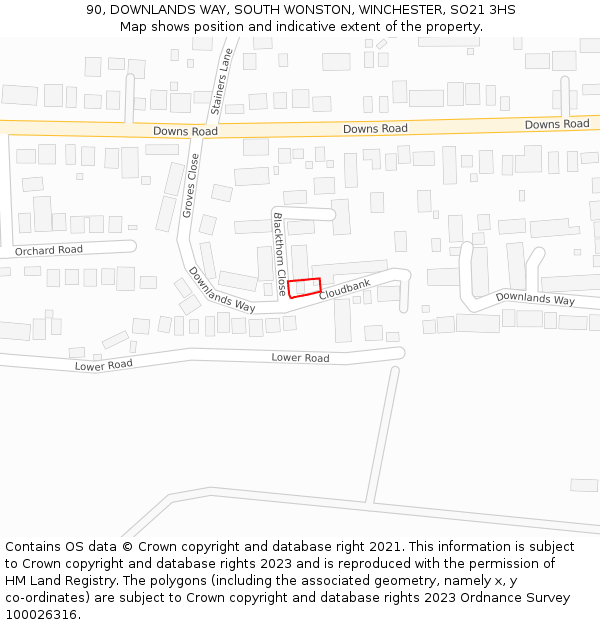 90, DOWNLANDS WAY, SOUTH WONSTON, WINCHESTER, SO21 3HS: Location map and indicative extent of plot