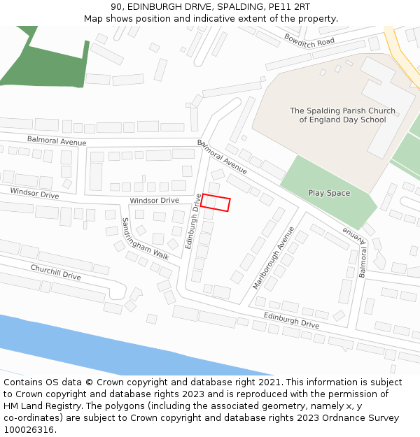90, EDINBURGH DRIVE, SPALDING, PE11 2RT: Location map and indicative extent of plot