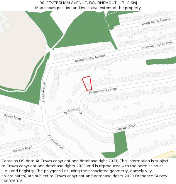 90, FEVERSHAM AVENUE, BOURNEMOUTH, BH8 9NJ: Location map and indicative extent of plot