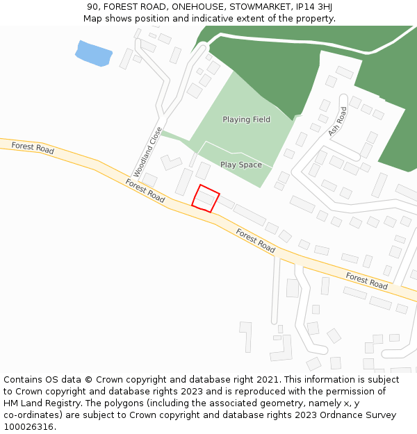 90, FOREST ROAD, ONEHOUSE, STOWMARKET, IP14 3HJ: Location map and indicative extent of plot