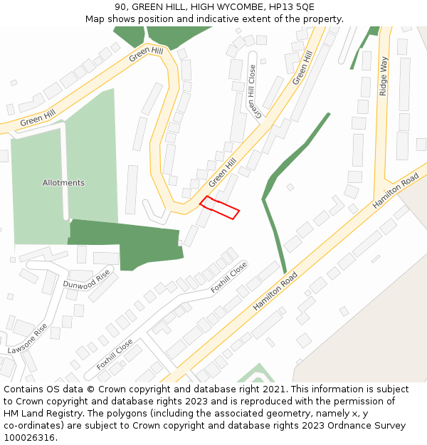 90, GREEN HILL, HIGH WYCOMBE, HP13 5QE: Location map and indicative extent of plot