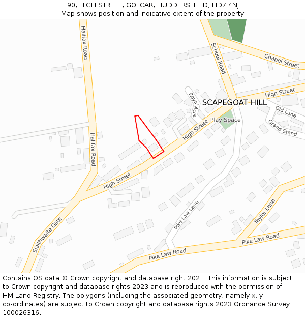 90, HIGH STREET, GOLCAR, HUDDERSFIELD, HD7 4NJ: Location map and indicative extent of plot