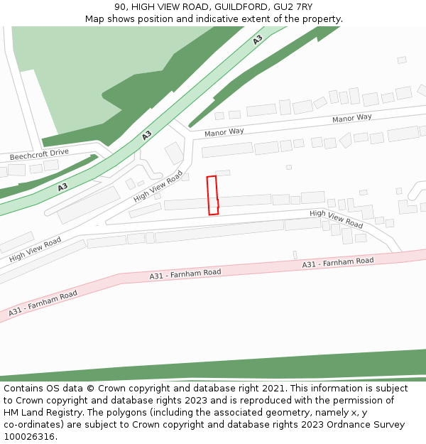 90, HIGH VIEW ROAD, GUILDFORD, GU2 7RY: Location map and indicative extent of plot
