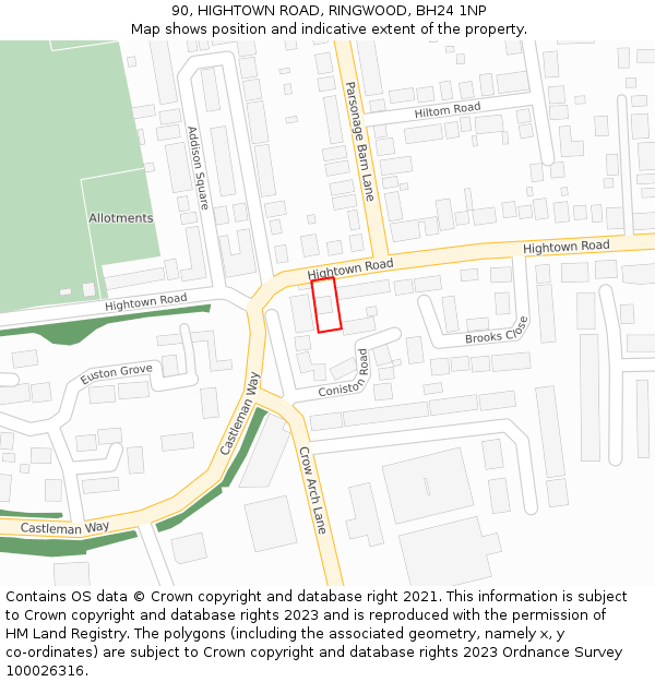 90, HIGHTOWN ROAD, RINGWOOD, BH24 1NP: Location map and indicative extent of plot