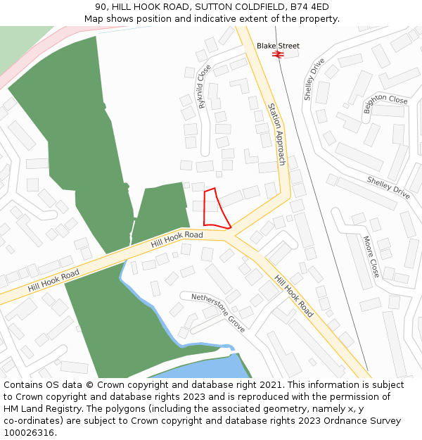 90, HILL HOOK ROAD, SUTTON COLDFIELD, B74 4ED: Location map and indicative extent of plot