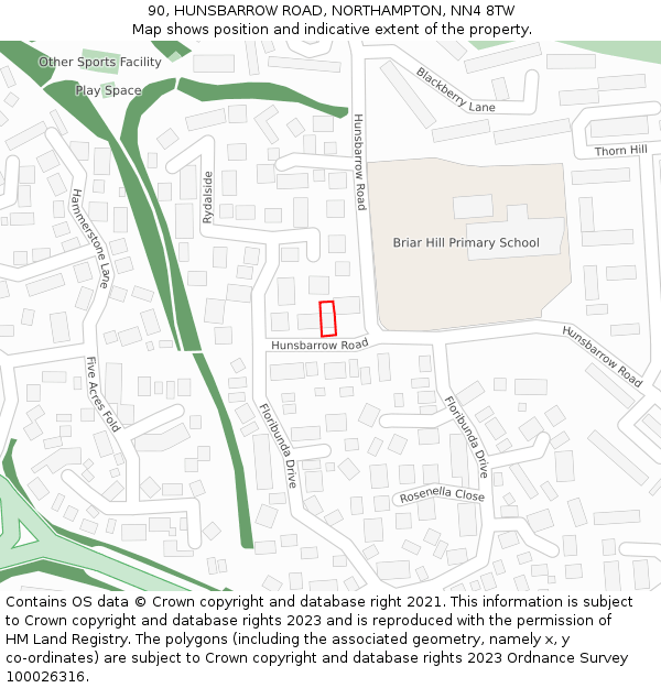 90, HUNSBARROW ROAD, NORTHAMPTON, NN4 8TW: Location map and indicative extent of plot