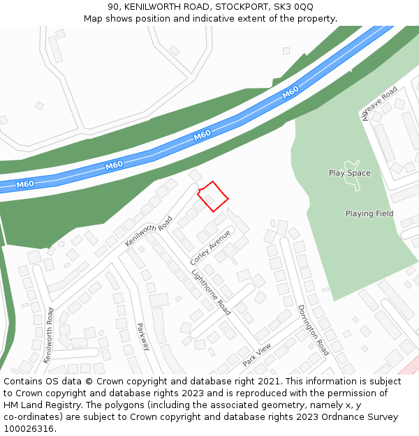 90, KENILWORTH ROAD, STOCKPORT, SK3 0QQ: Location map and indicative extent of plot