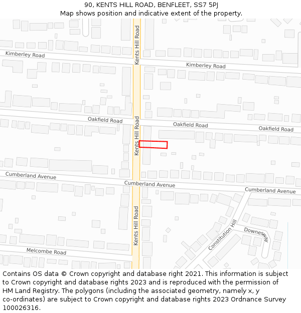 90, KENTS HILL ROAD, BENFLEET, SS7 5PJ: Location map and indicative extent of plot