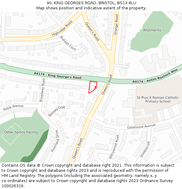 90, KING GEORGES ROAD, BRISTOL, BS13 8LU: Location map and indicative extent of plot