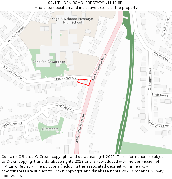90, MELIDEN ROAD, PRESTATYN, LL19 8RL: Location map and indicative extent of plot