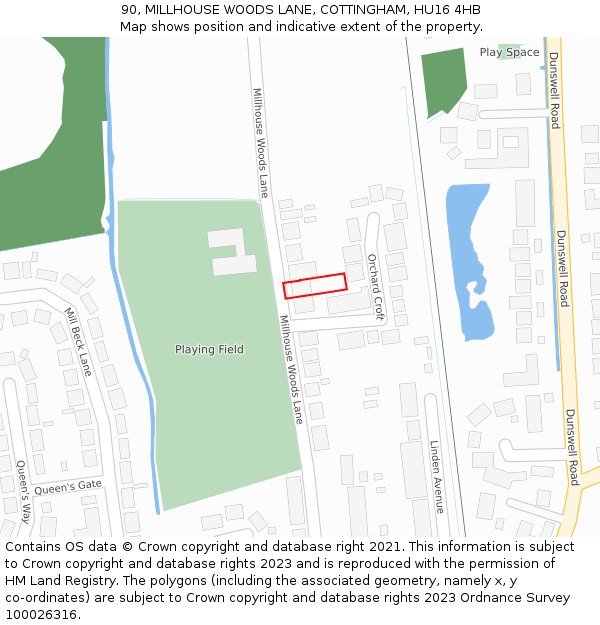 90, MILLHOUSE WOODS LANE, COTTINGHAM, HU16 4HB: Location map and indicative extent of plot