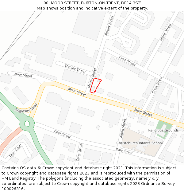 90, MOOR STREET, BURTON-ON-TRENT, DE14 3SZ: Location map and indicative extent of plot