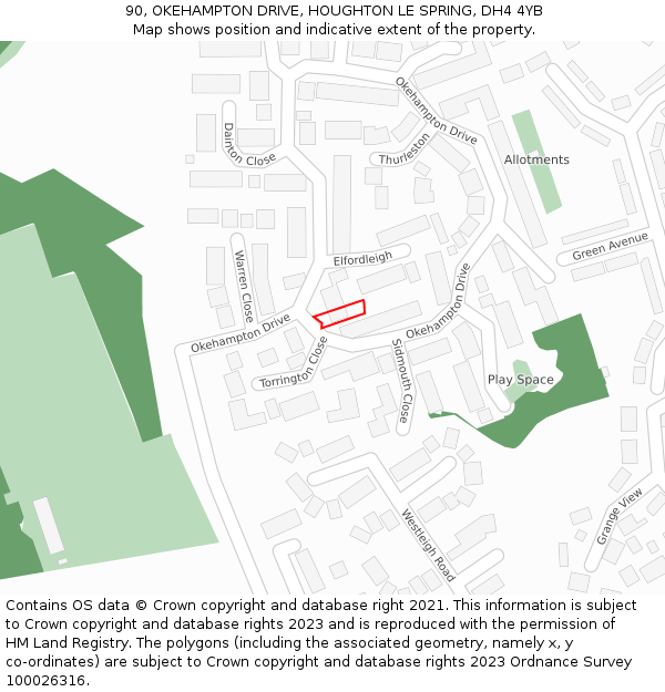 90, OKEHAMPTON DRIVE, HOUGHTON LE SPRING, DH4 4YB: Location map and indicative extent of plot