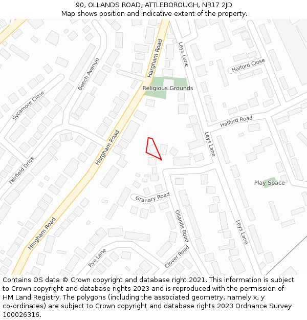 90, OLLANDS ROAD, ATTLEBOROUGH, NR17 2JD: Location map and indicative extent of plot