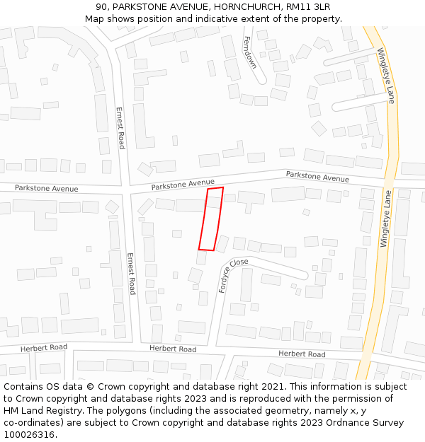 90, PARKSTONE AVENUE, HORNCHURCH, RM11 3LR: Location map and indicative extent of plot