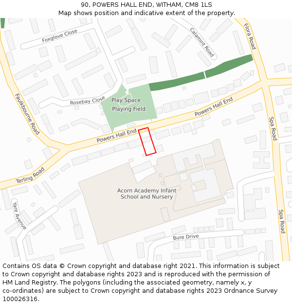 90, POWERS HALL END, WITHAM, CM8 1LS: Location map and indicative extent of plot