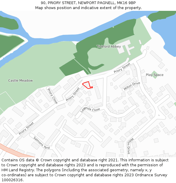 90, PRIORY STREET, NEWPORT PAGNELL, MK16 9BP: Location map and indicative extent of plot