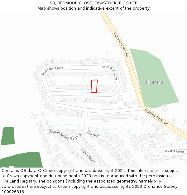 90, REDMOOR CLOSE, TAVISTOCK, PL19 0ER: Location map and indicative extent of plot