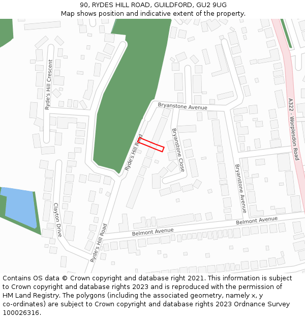 90, RYDES HILL ROAD, GUILDFORD, GU2 9UG: Location map and indicative extent of plot