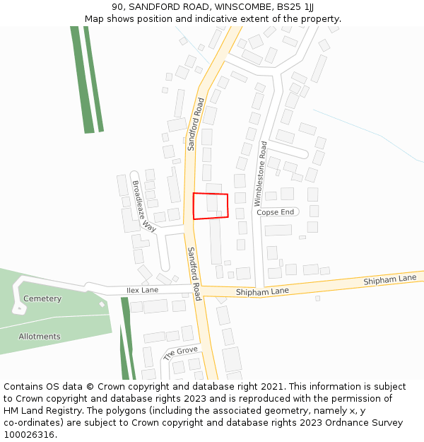 90, SANDFORD ROAD, WINSCOMBE, BS25 1JJ: Location map and indicative extent of plot