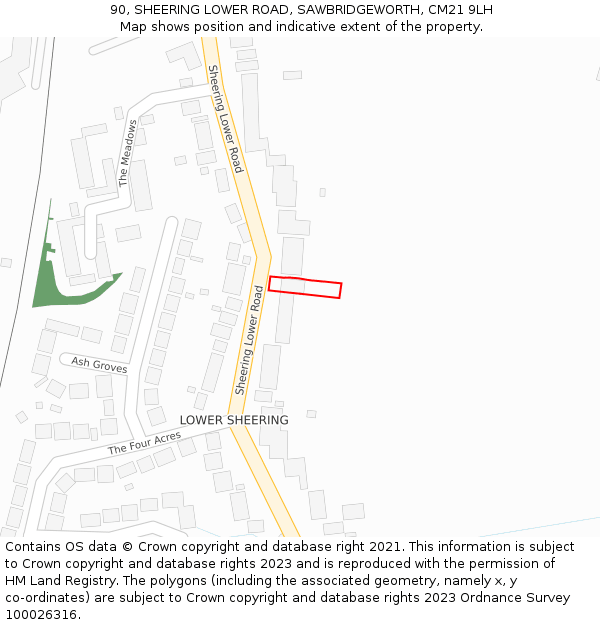 90, SHEERING LOWER ROAD, SAWBRIDGEWORTH, CM21 9LH: Location map and indicative extent of plot