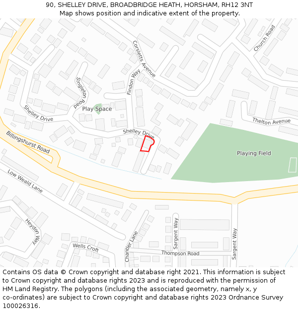 90, SHELLEY DRIVE, BROADBRIDGE HEATH, HORSHAM, RH12 3NT: Location map and indicative extent of plot