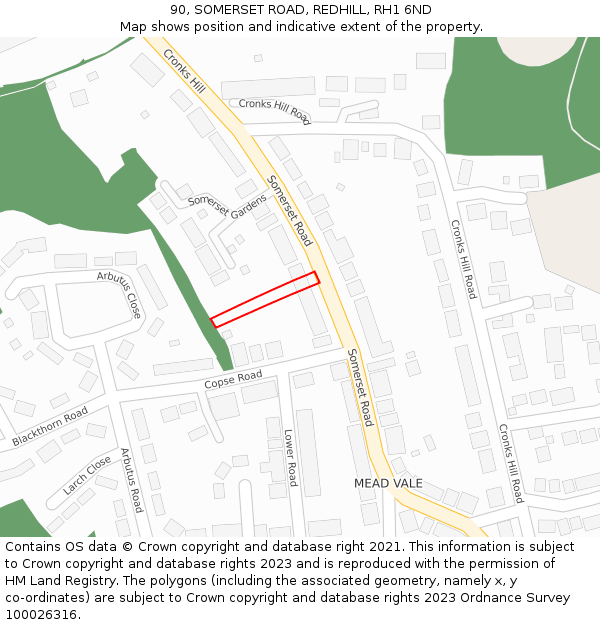 90, SOMERSET ROAD, REDHILL, RH1 6ND: Location map and indicative extent of plot
