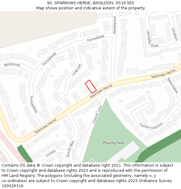 90, SPARROWS HERNE, BASILDON, SS16 5EX: Location map and indicative extent of plot
