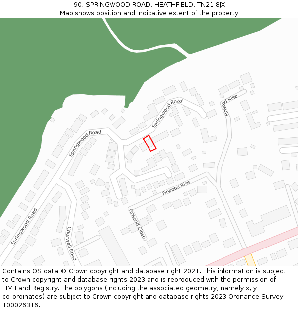 90, SPRINGWOOD ROAD, HEATHFIELD, TN21 8JX: Location map and indicative extent of plot