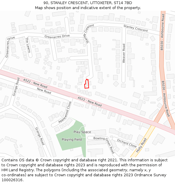 90, STANLEY CRESCENT, UTTOXETER, ST14 7BD: Location map and indicative extent of plot