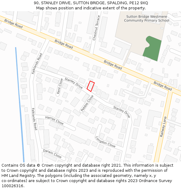 90, STANLEY DRIVE, SUTTON BRIDGE, SPALDING, PE12 9XQ: Location map and indicative extent of plot