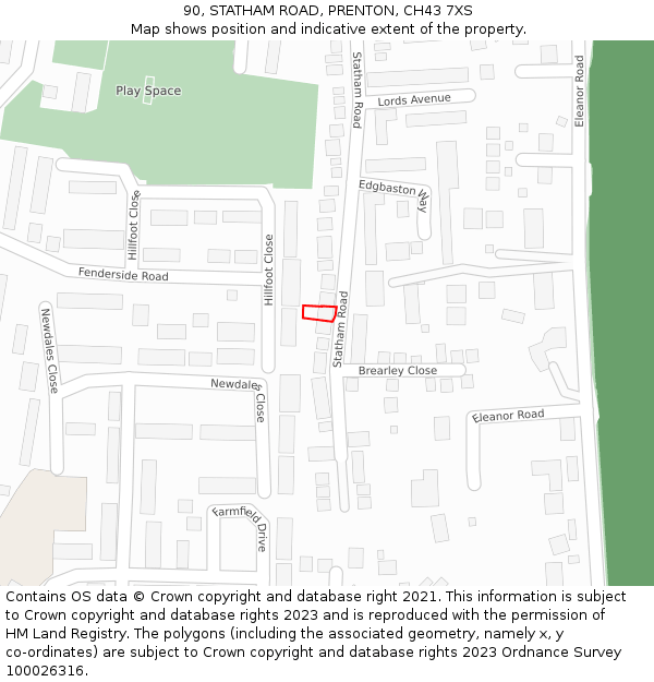 90, STATHAM ROAD, PRENTON, CH43 7XS: Location map and indicative extent of plot