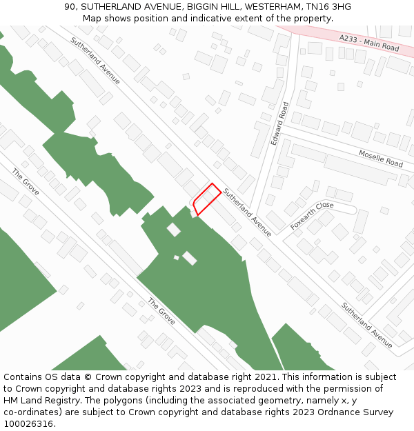 90, SUTHERLAND AVENUE, BIGGIN HILL, WESTERHAM, TN16 3HG: Location map and indicative extent of plot