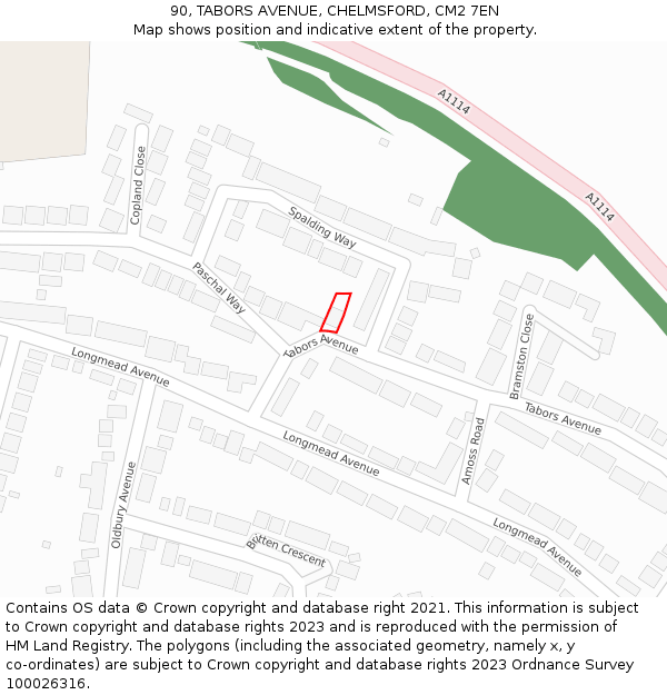 90, TABORS AVENUE, CHELMSFORD, CM2 7EN: Location map and indicative extent of plot