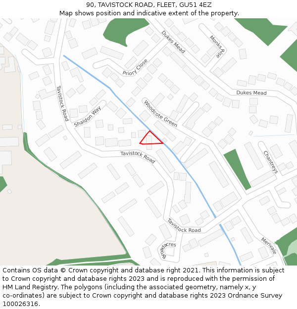 90, TAVISTOCK ROAD, FLEET, GU51 4EZ: Location map and indicative extent of plot