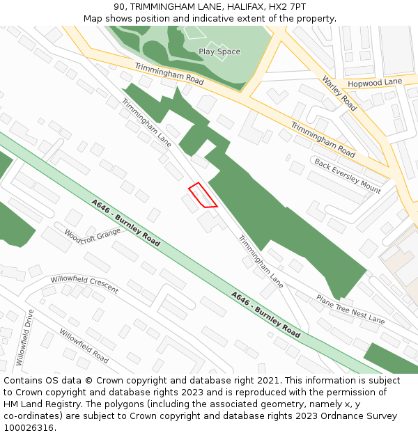 90, TRIMMINGHAM LANE, HALIFAX, HX2 7PT: Location map and indicative extent of plot
