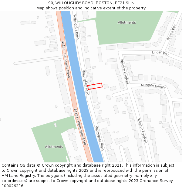 90, WILLOUGHBY ROAD, BOSTON, PE21 9HN: Location map and indicative extent of plot