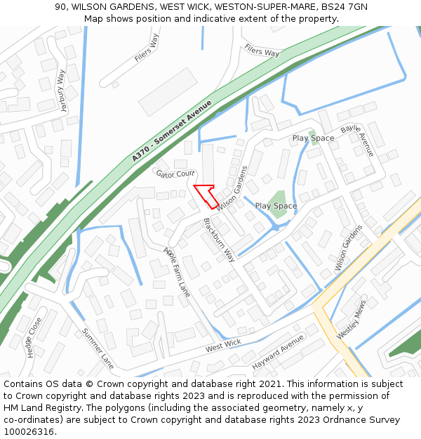 90, WILSON GARDENS, WEST WICK, WESTON-SUPER-MARE, BS24 7GN: Location map and indicative extent of plot